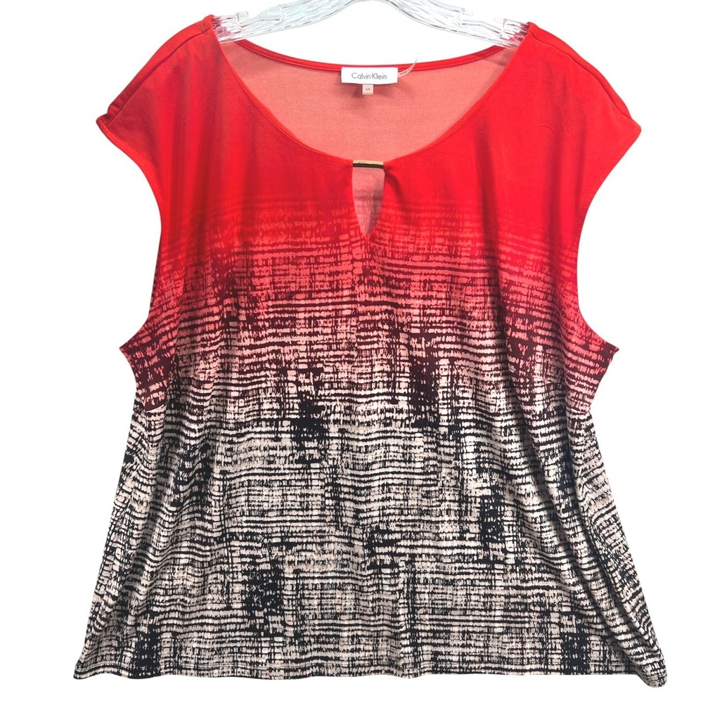 Calvin Klein Orange Black Ombre Keyhole Gold Bar Top Womens 3X Plus Size Blouse